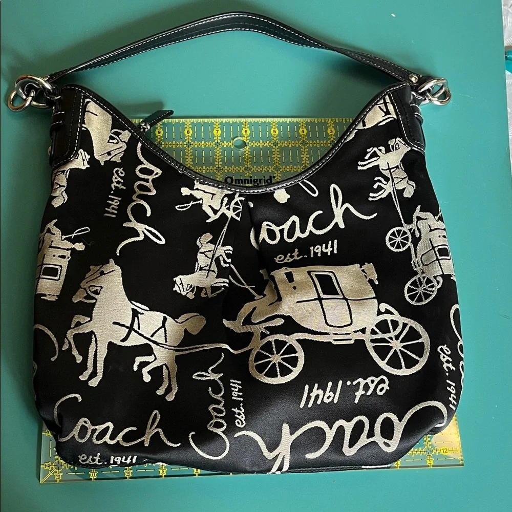 Coach Black and Silver Signature Carriage Hobo Bag Tan Classic Logo leather trim